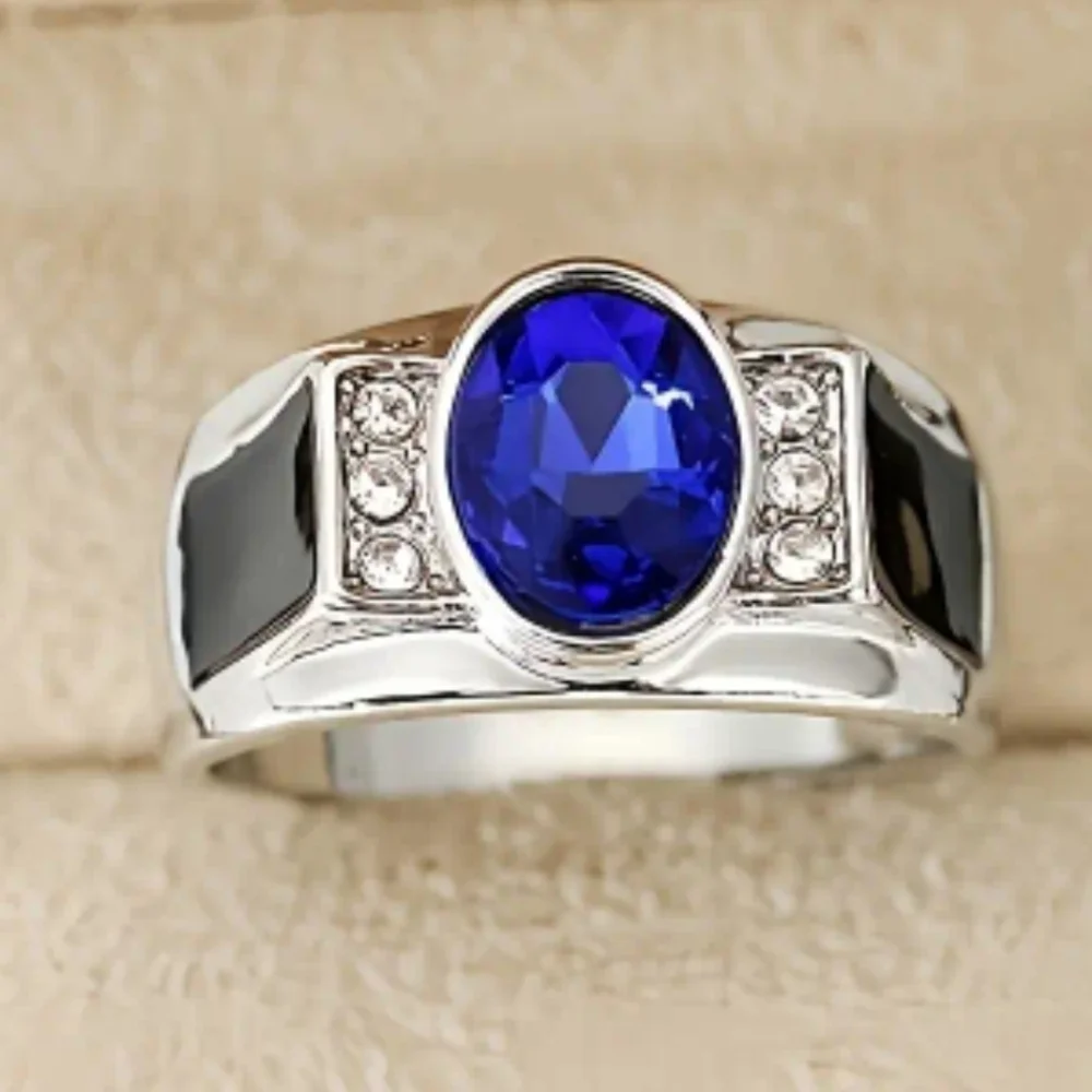 Elegant Silvery and Blue Men's Gemstone Ring Sz 8